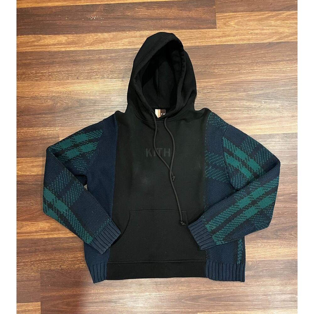 Kith Black Hoodie with Navy & Green Plaid Sleeves